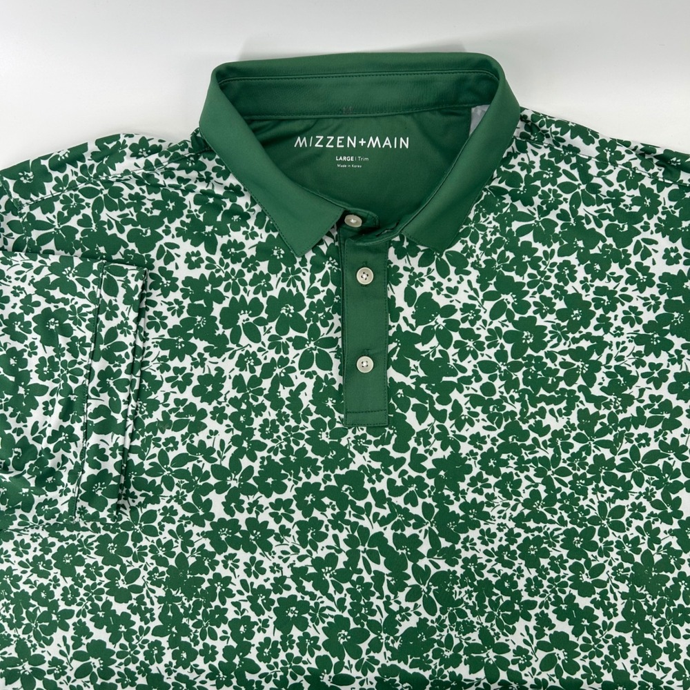 Mizzen+Main Polo Shirt Mens Large Trim Green Floral Performance Golf Stretch